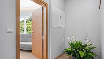 Un intérieur moderne avec une porte en bois donnant sur un balcon, un canapé gris et une plante en pot.
