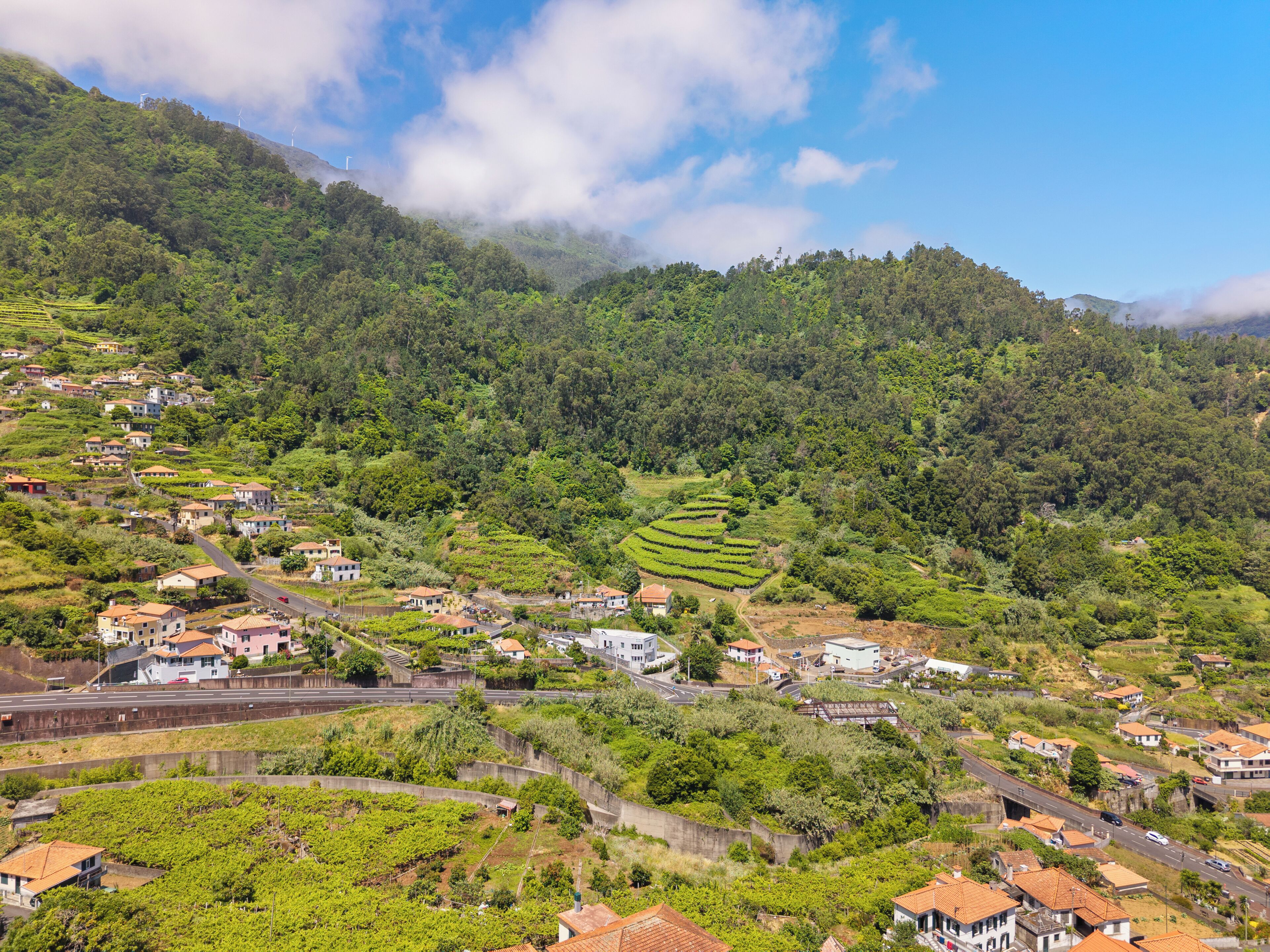 A hillside village with terraced fields, houses with red-tiled roofs, and a road winding through the area.