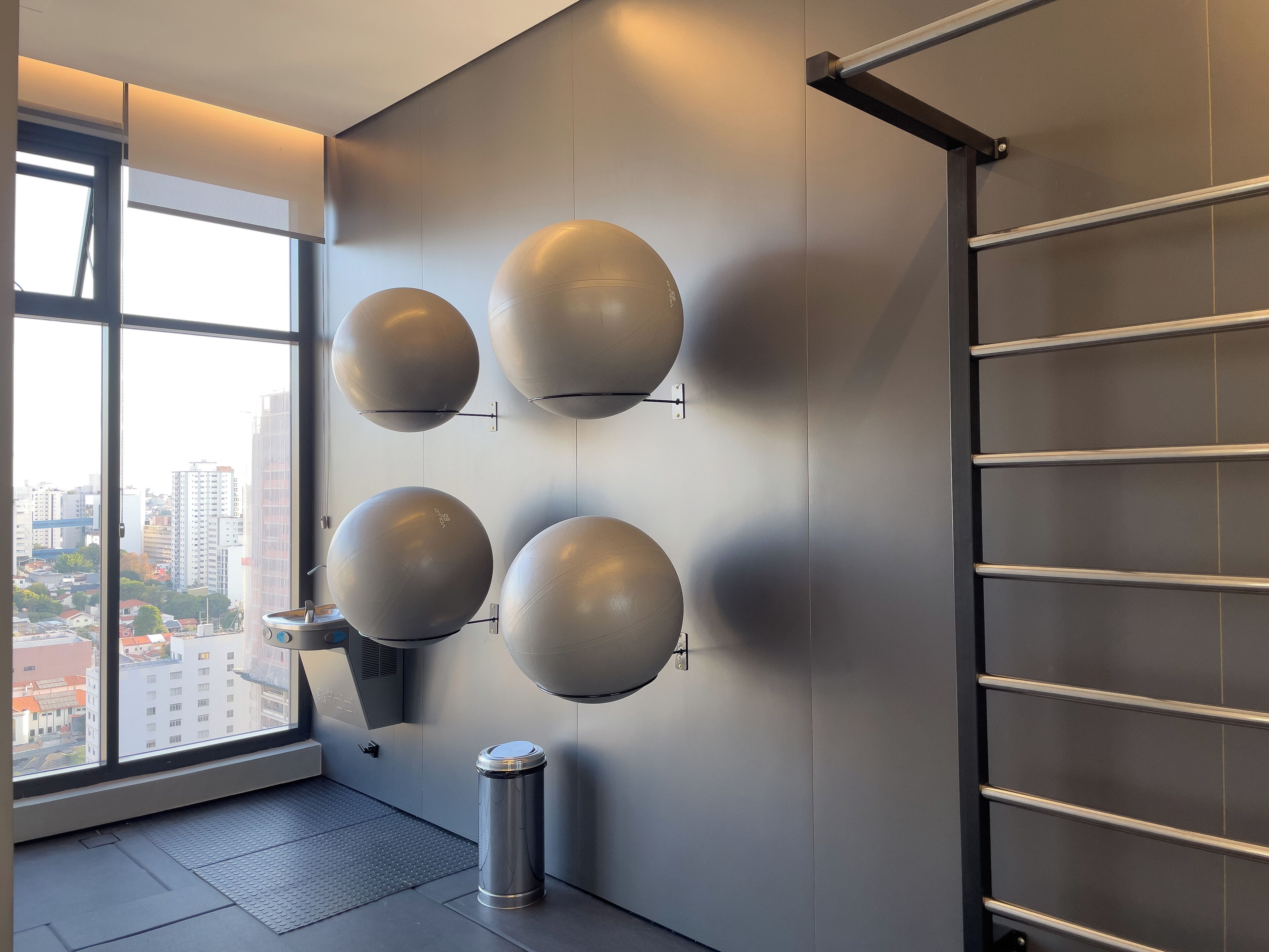 A modern gym with exercise balls mounted on the wall, a metal trash bin, and a window with a city view.