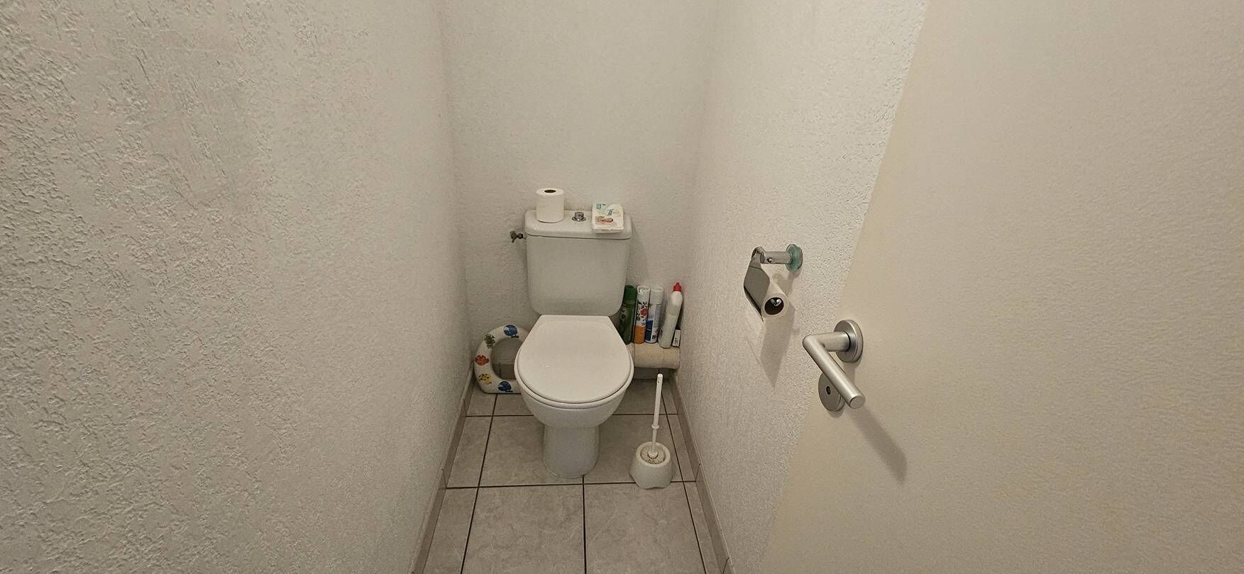 A small, white-walled bathroom with a toilet, toilet paper, and a toilet brush.