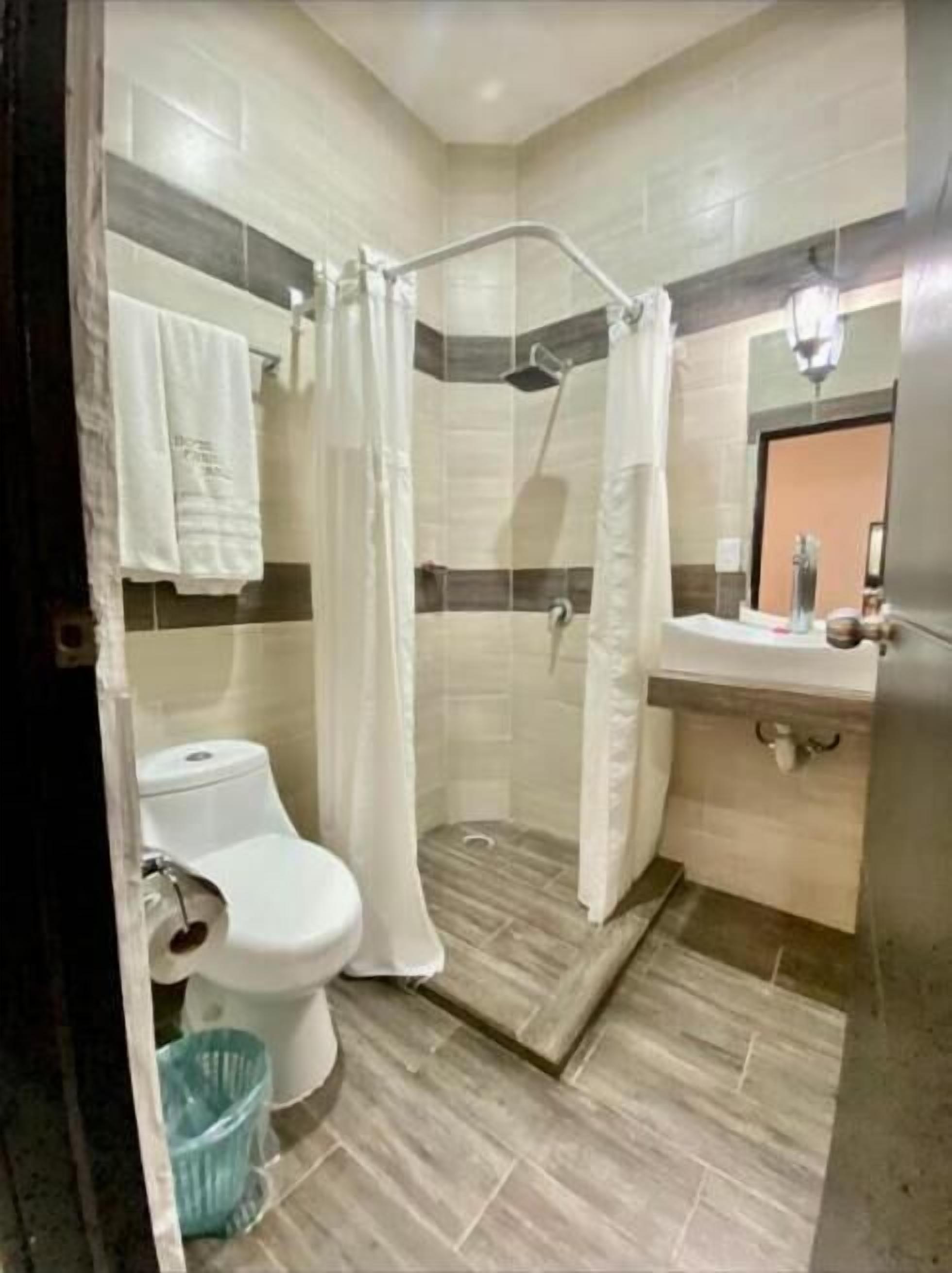 Une salle de bain avec douche, toilettes et lavabo.