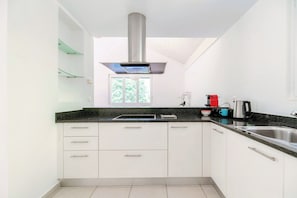 Appartement Deluxe, patio, vue fleuve | Cuisine privée | Réfrigérateur, micro-ondes, four, plaque de cuisson