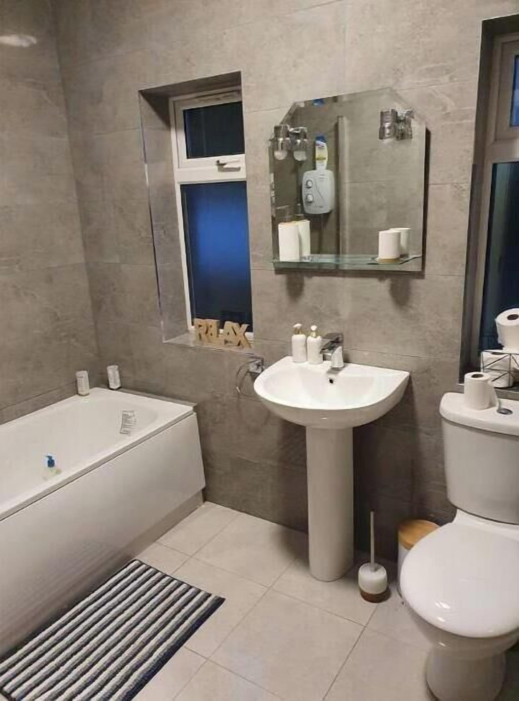 Hair dryer, towels, toilet paper