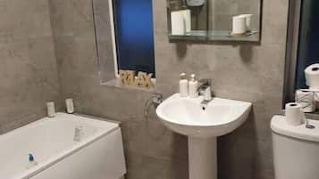 Hair dryer, towels, toilet paper