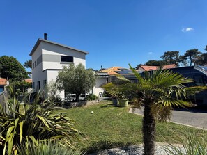 Une maison moderne à deux étages, dotée d’un toit recouvert de panneaux solaires, entourée d’une pelouse bien entretenue et de diverses plantes.