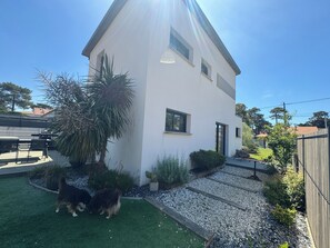 Une maison moderne, blanche, avec un patio, deux chiens et un jardin.