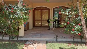 A building entrance with a stone pathway leading to a wooden door, surrounded by lush greenery and flowering plants.