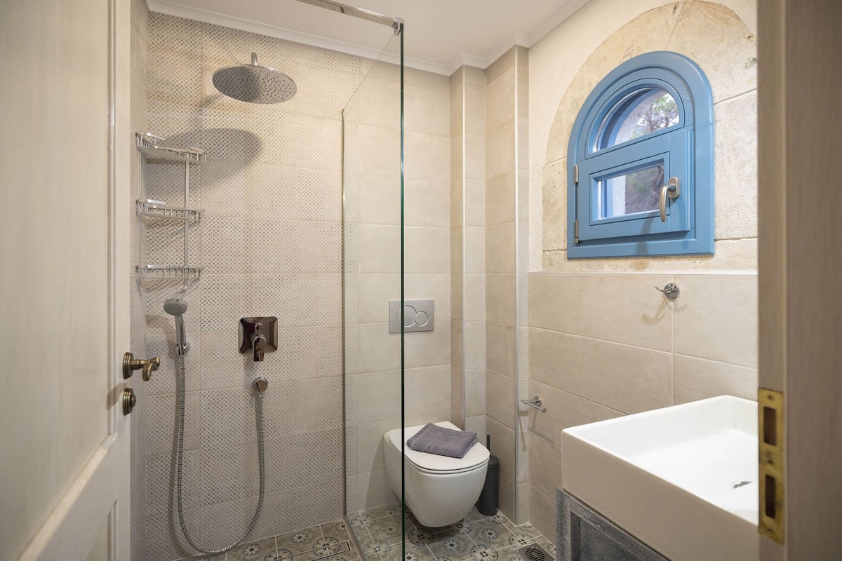Un baño con ducha de vidrio, inodoro y lavamanos.