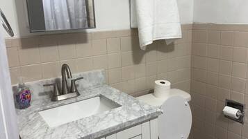 Hair dryer, towels, soap, shampoo