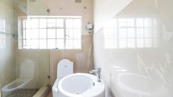 Shower, towels, toilet paper