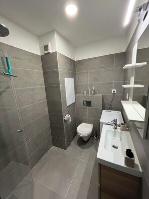 Hair dryer, towels, soap, toilet paper