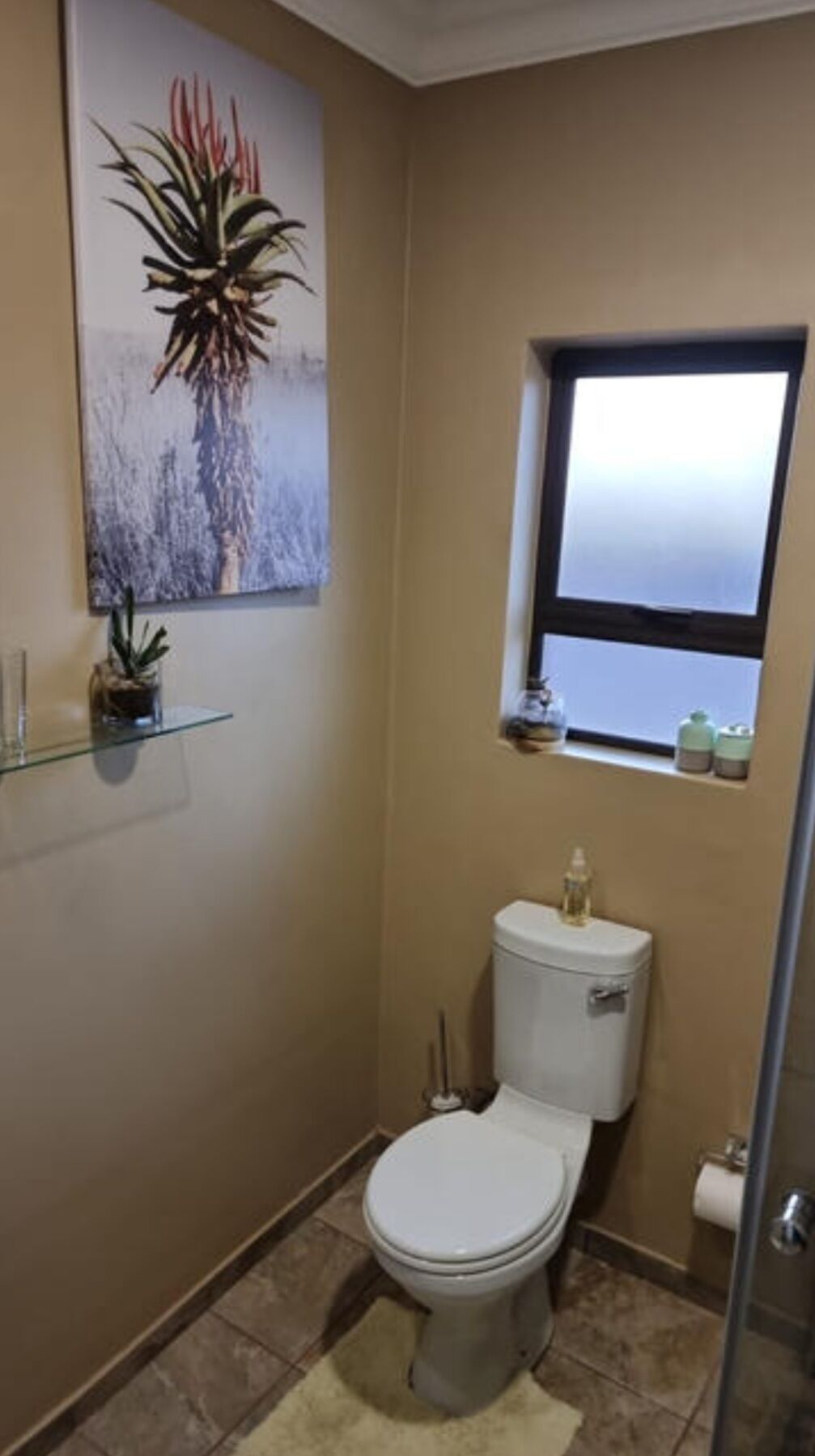 Un baño pequeño y funcional con inodoro, ventana y estante empotrado con una planta en maceta.