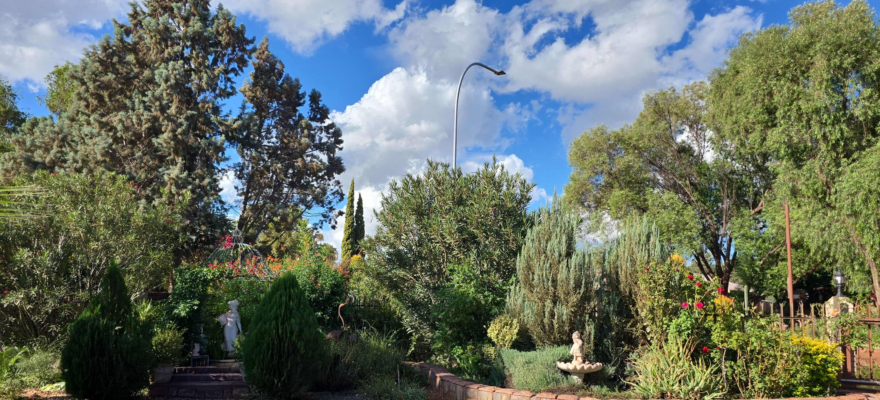 A garden with various trees, a statue, and a street lamp.