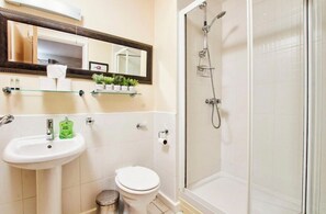 Hair dryer, towels, soap, toilet paper