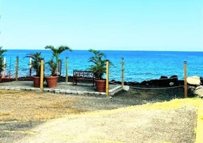 A beach with a wooden bench, potted plants, and a view of the ocean.