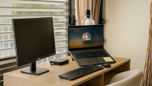 Een moderne werkplek met bureau, computer en stoel.