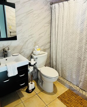 Regadera, secadora de cabello, toallas, jabón 