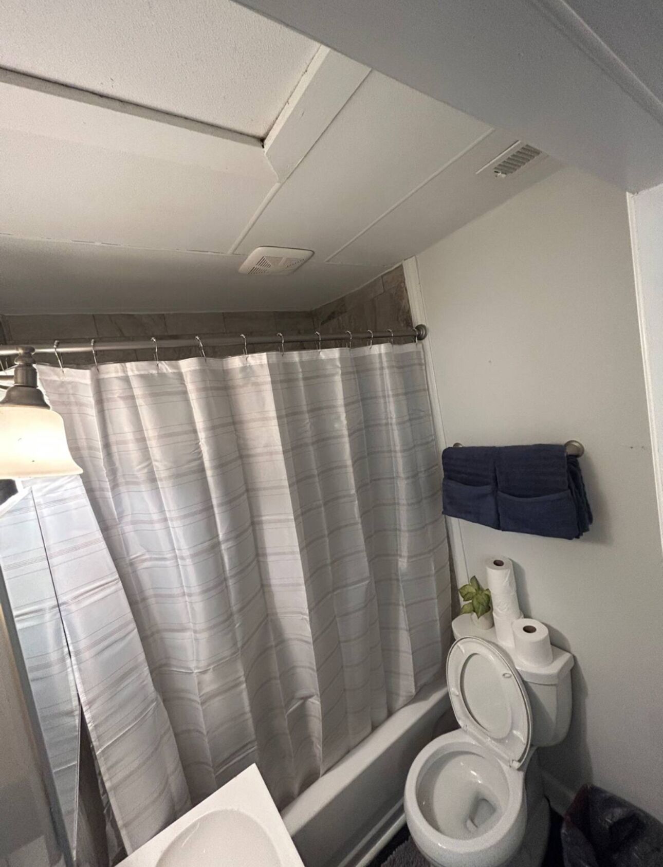 Een badkamer met douchegordijn, toilet, handdoekhouder en prullenbak.