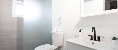 A modern bathroom with a toilet, sink, and a small potted plant.