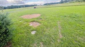 Un prato erboso con una zona in terra battuta e un cestino.