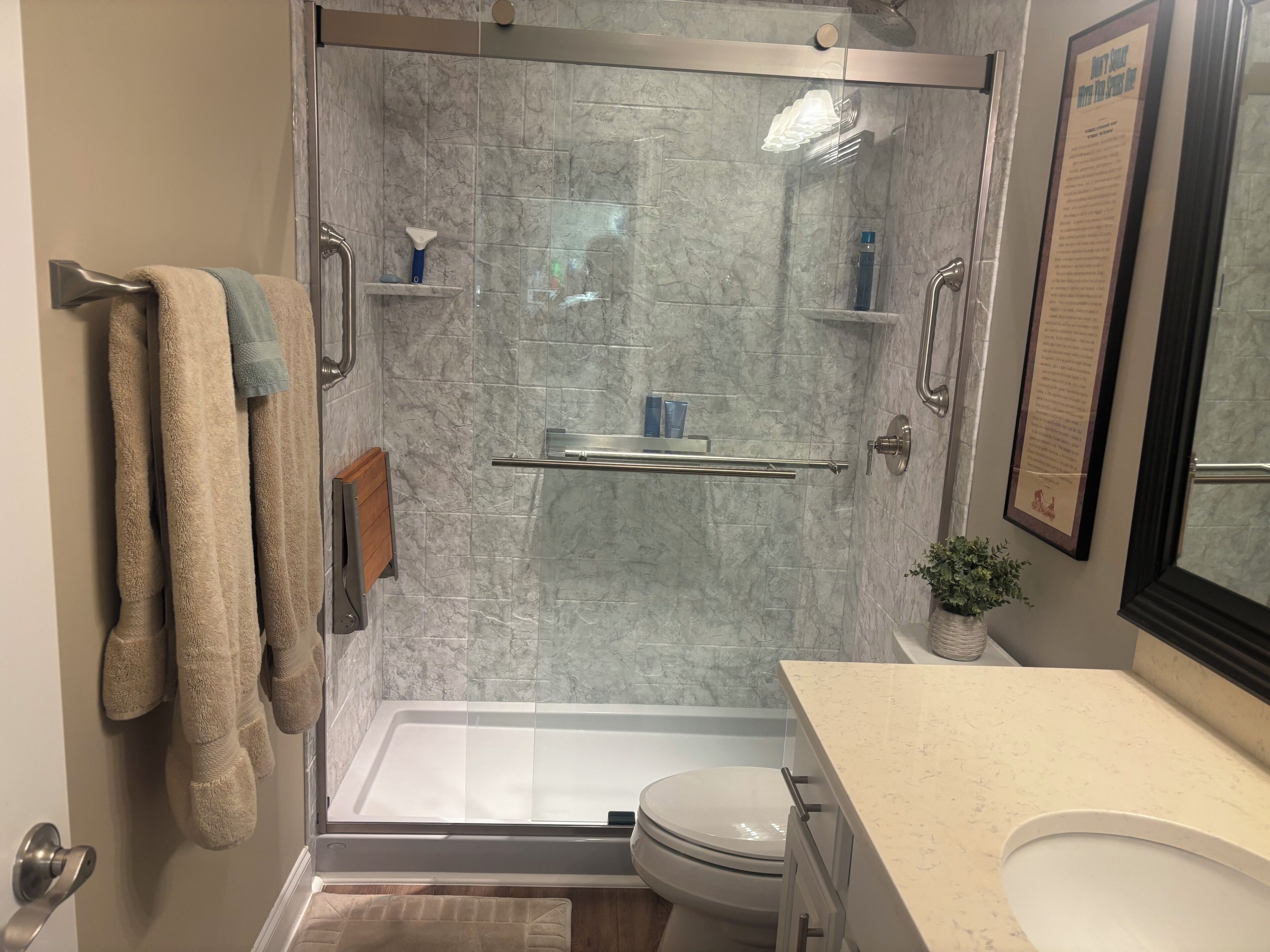 Hair dryer, towels, soap, toilet paper
