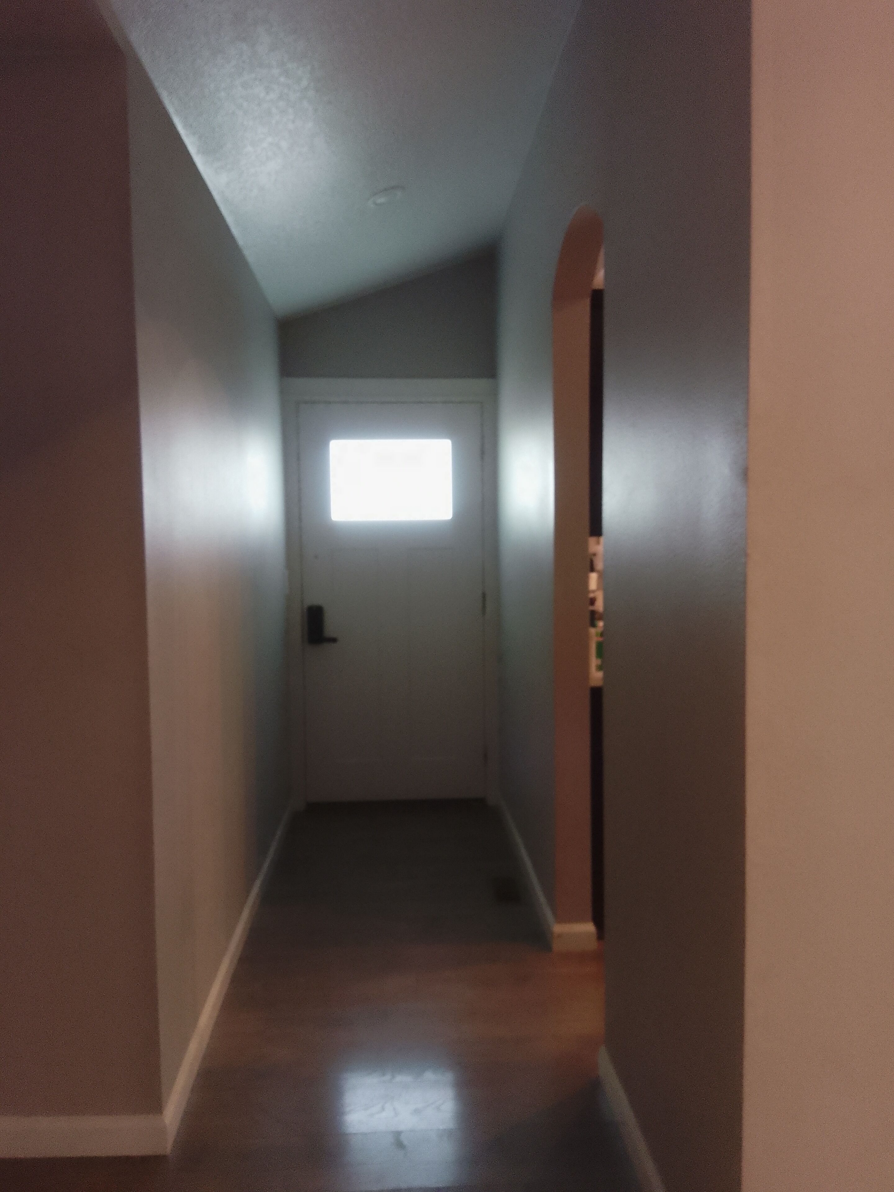 Un pasillo estrecho con una puerta al final, una ventana pequeña y suelo de madera.