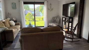 Smart TV, fireplace, books