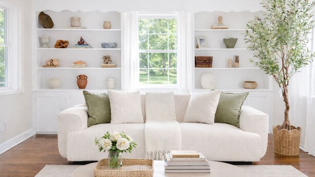 A white living room with a sofa, a coffee table, and a bookshelf.