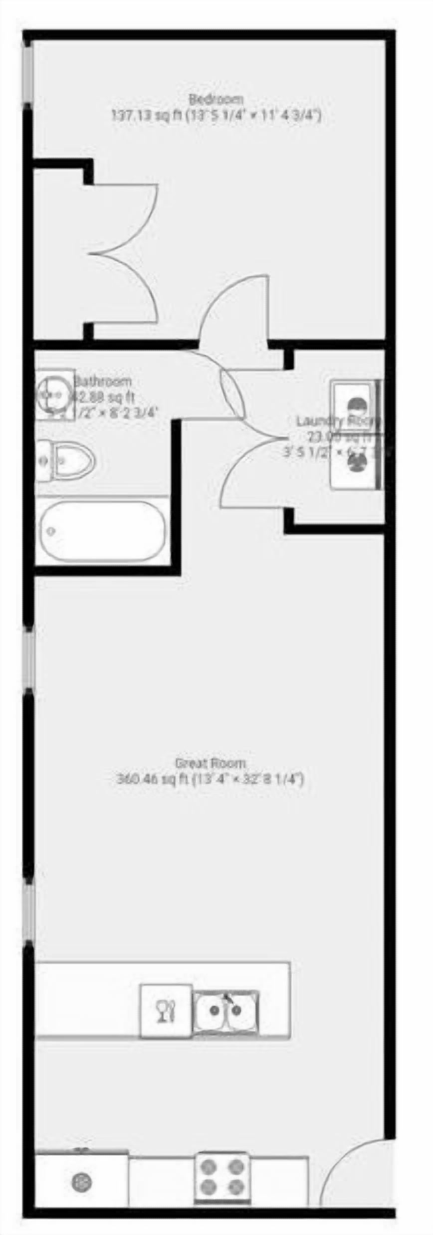 Plan d’étage d’une chambre d’hôtel comprenant une chambre à coucher de 12,74 mètres carrés, une salle de bain, une buanderie et une grande pièce à vivre de 33,48 mètres carrés.