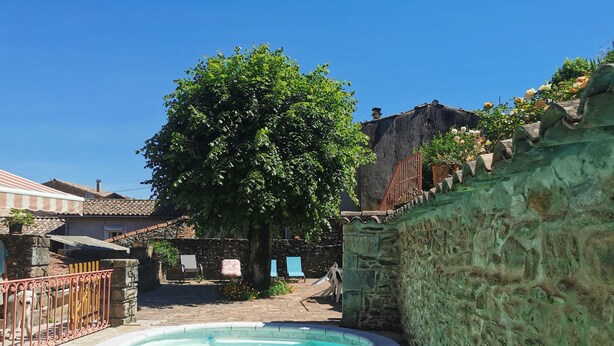 Una piscina con un muro de piedra y un árbol al fondo.