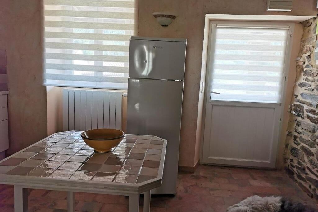 A kitchen with a refrigerator, a table with a bowl, a window with blinds, and a door with a stone wall.