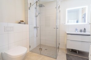 Shower, hair dryer, towels