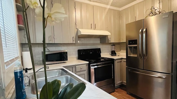 A modern kitchen with white cabinets, stainless steel appliances, a marble countertop, and a potted orchid. - Rudolph home (Goldsboro)