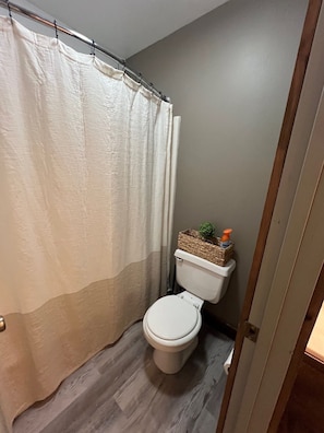 Hair dryer, towels, soap, toilet paper