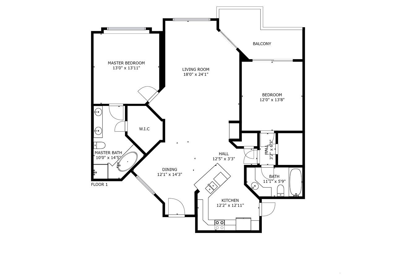 Plano de planta que muestra un dormitorio principal, sala de estar, balcón, dormitorio, comedor, cocina, baño y vestíbulo.