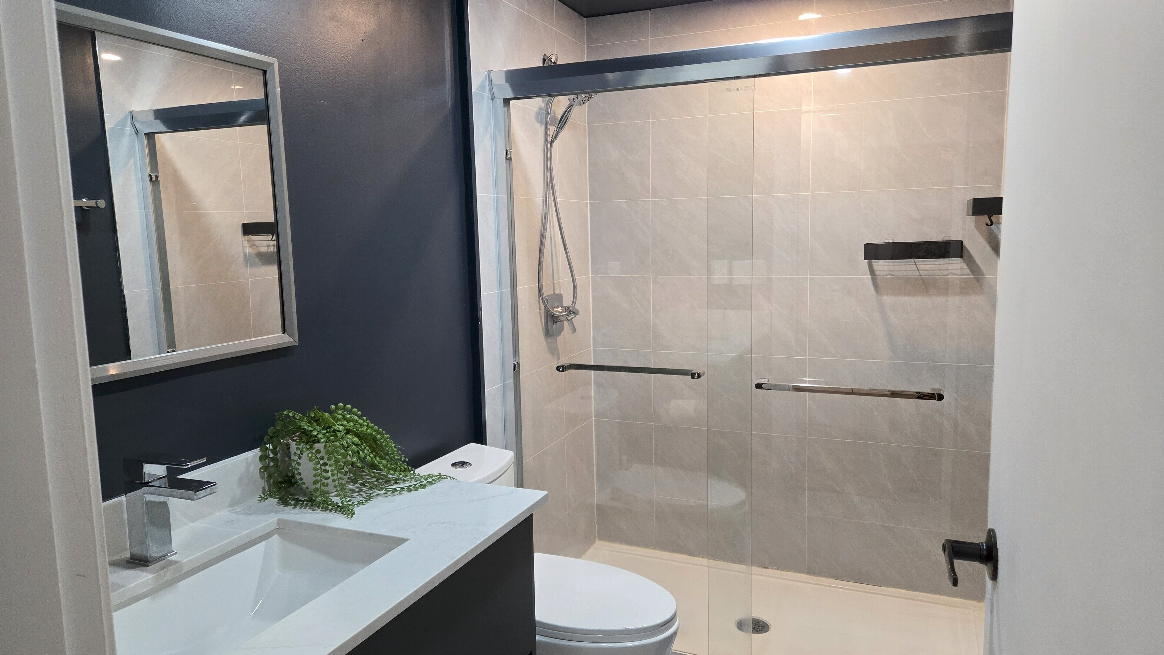 Hair dryer, towels, soap, toilet paper