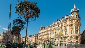 A historic building with ornate architecture, a large tree, and a flower garden in the foreground. - Charming Studio in Montpellier Méditerranée (Montpellier)