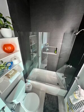 Shower, hair dryer, towels, soap