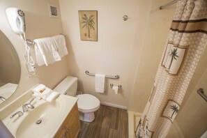 Hair dryer, towels, soap, shampoo