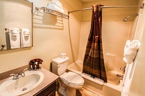 Hair dryer, towels, soap, shampoo