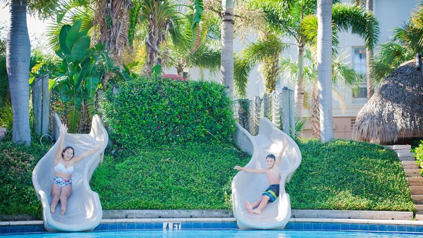 Two people sliding down a water slide into a pool surrounded by palm trees and greenery.