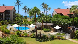 A resort with a swimming pool, palm trees, and a view of the ocean.