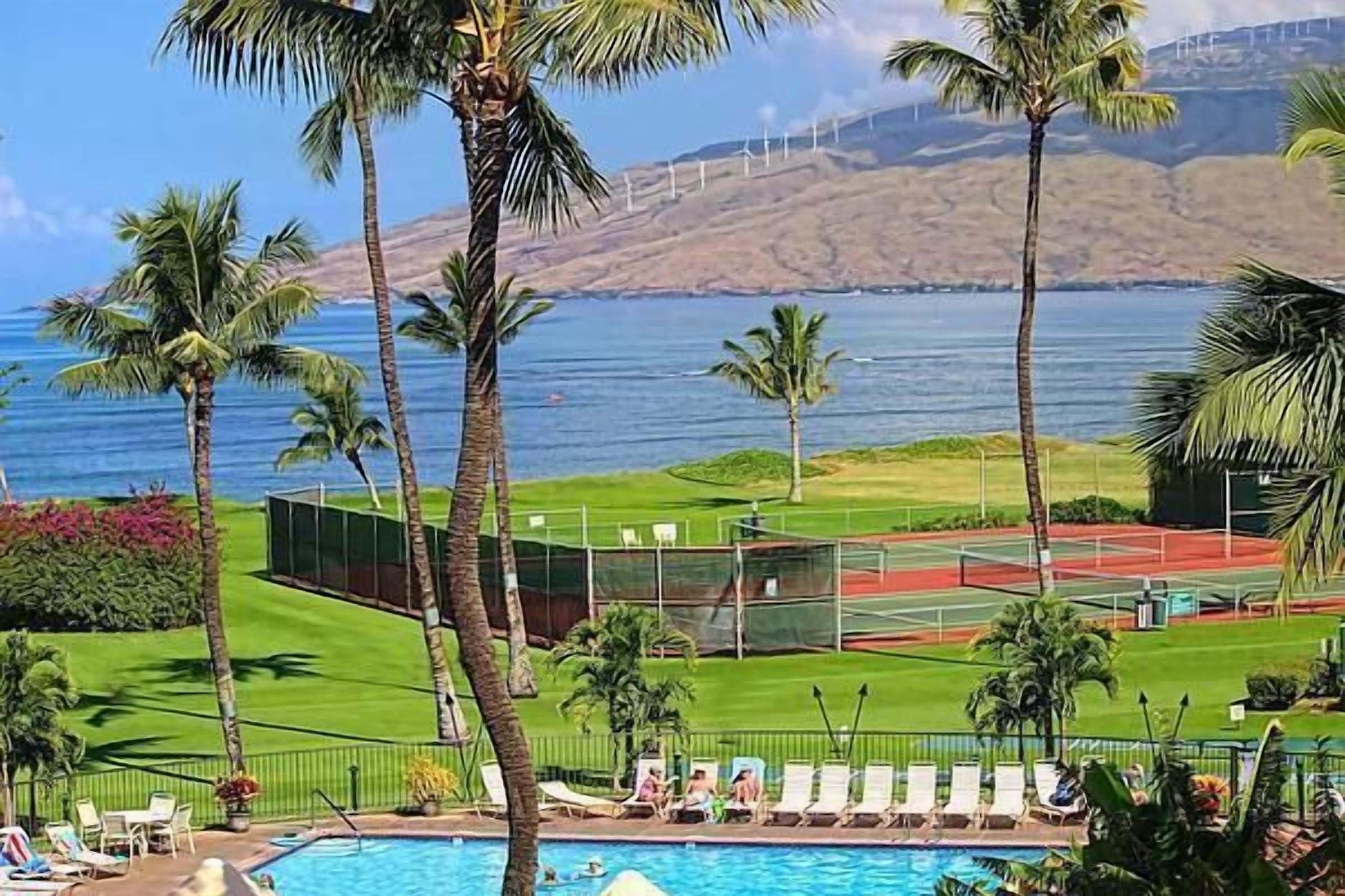 A pool area with lounge chairs, palm trees, and a view of the ocean and wind turbines.