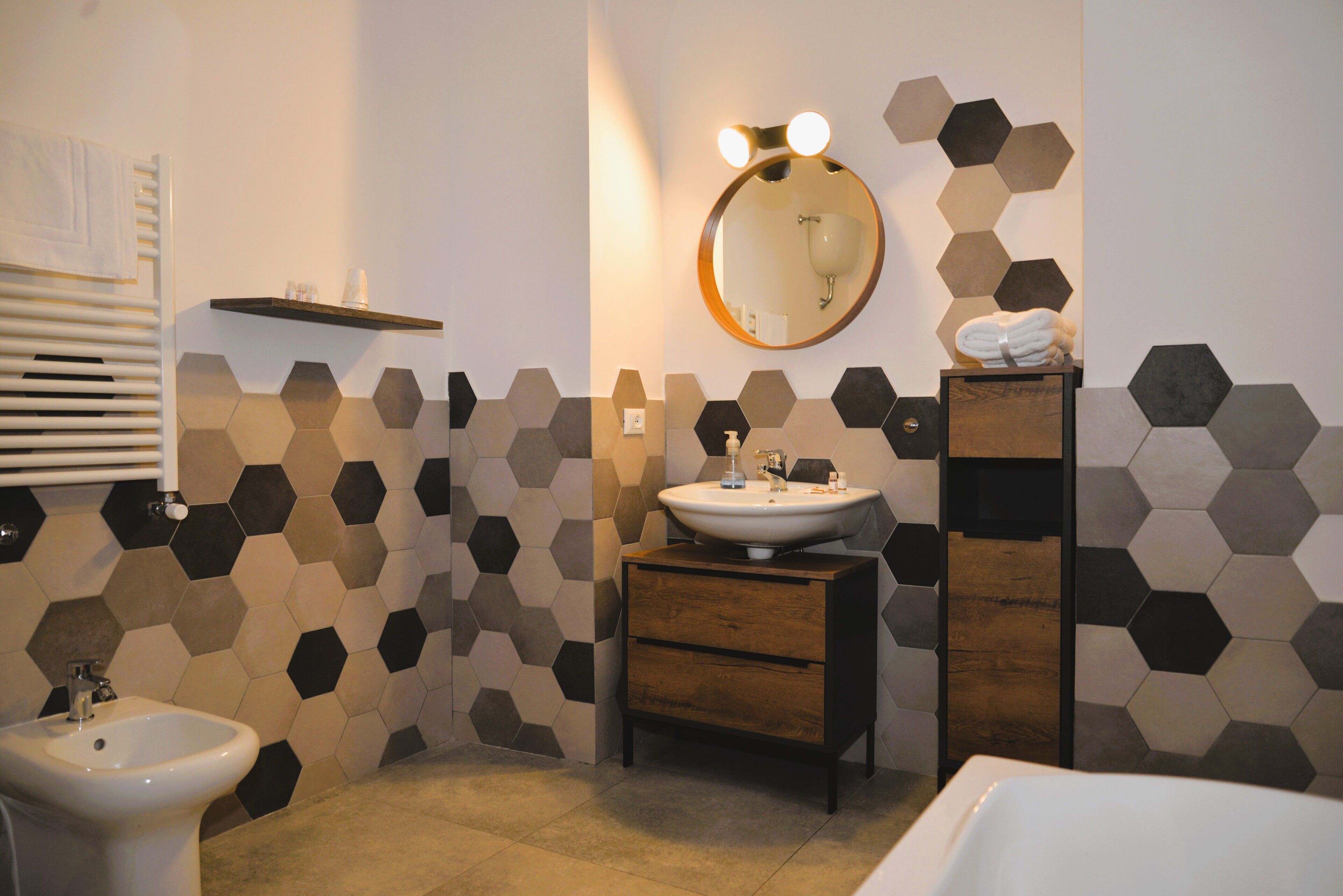 Shower, hair dryer, bidet, towels