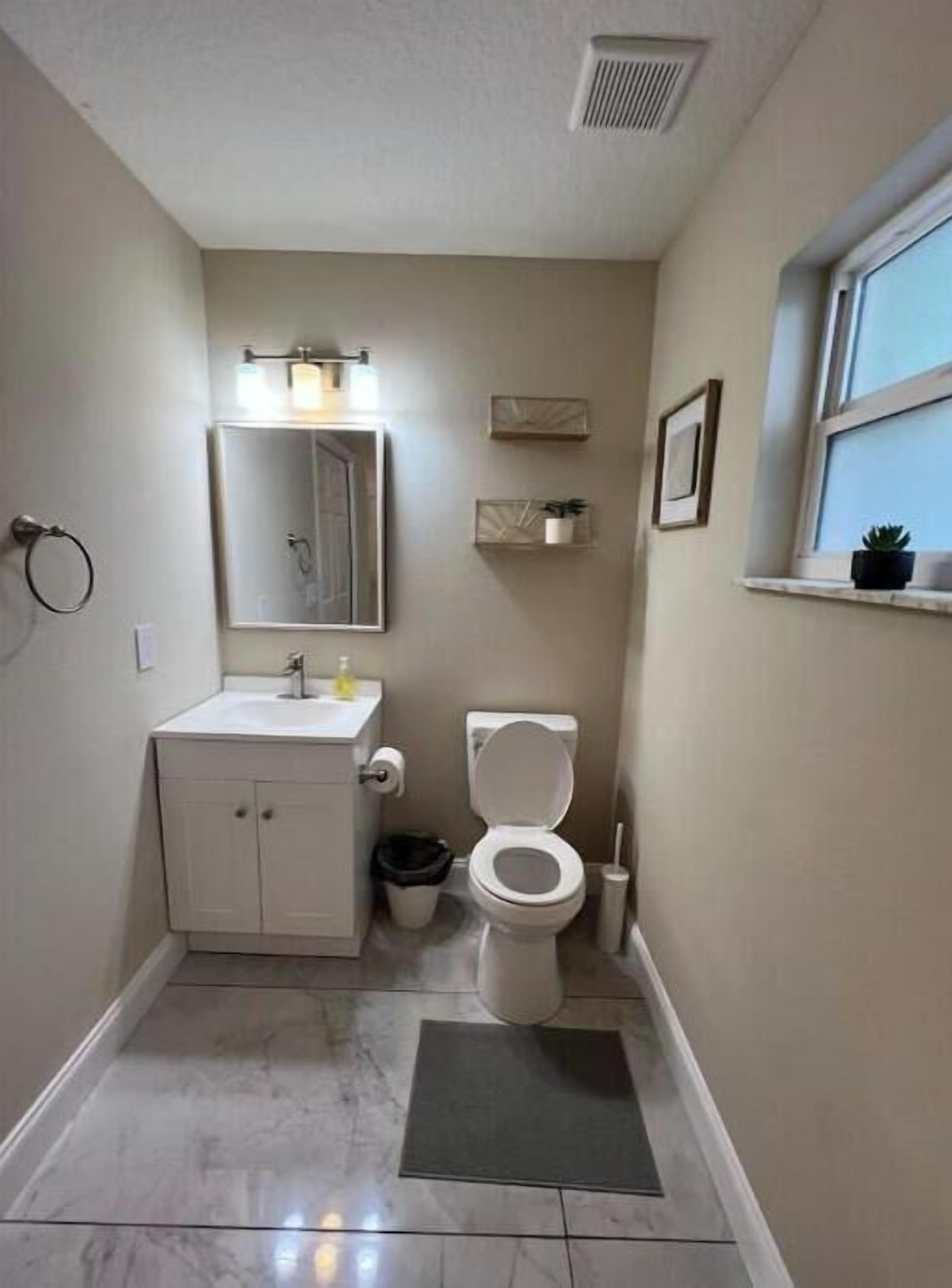 Un baño pequeño y estrecho con un lavamanos, espejo y retrete blancos. Hay una ventana a la derecha y una pequeña estantería con una planta.