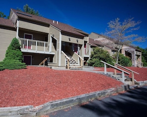A row of townhouses with a central staircase, a small porch, and a red mulch ground cover.