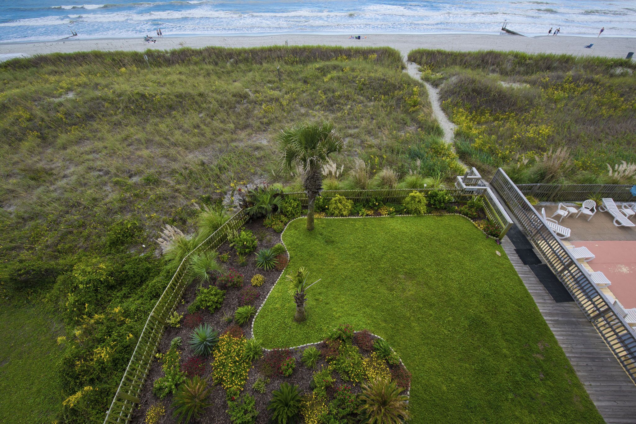 Un jardin aménagé avec un sentier menant à la plage.