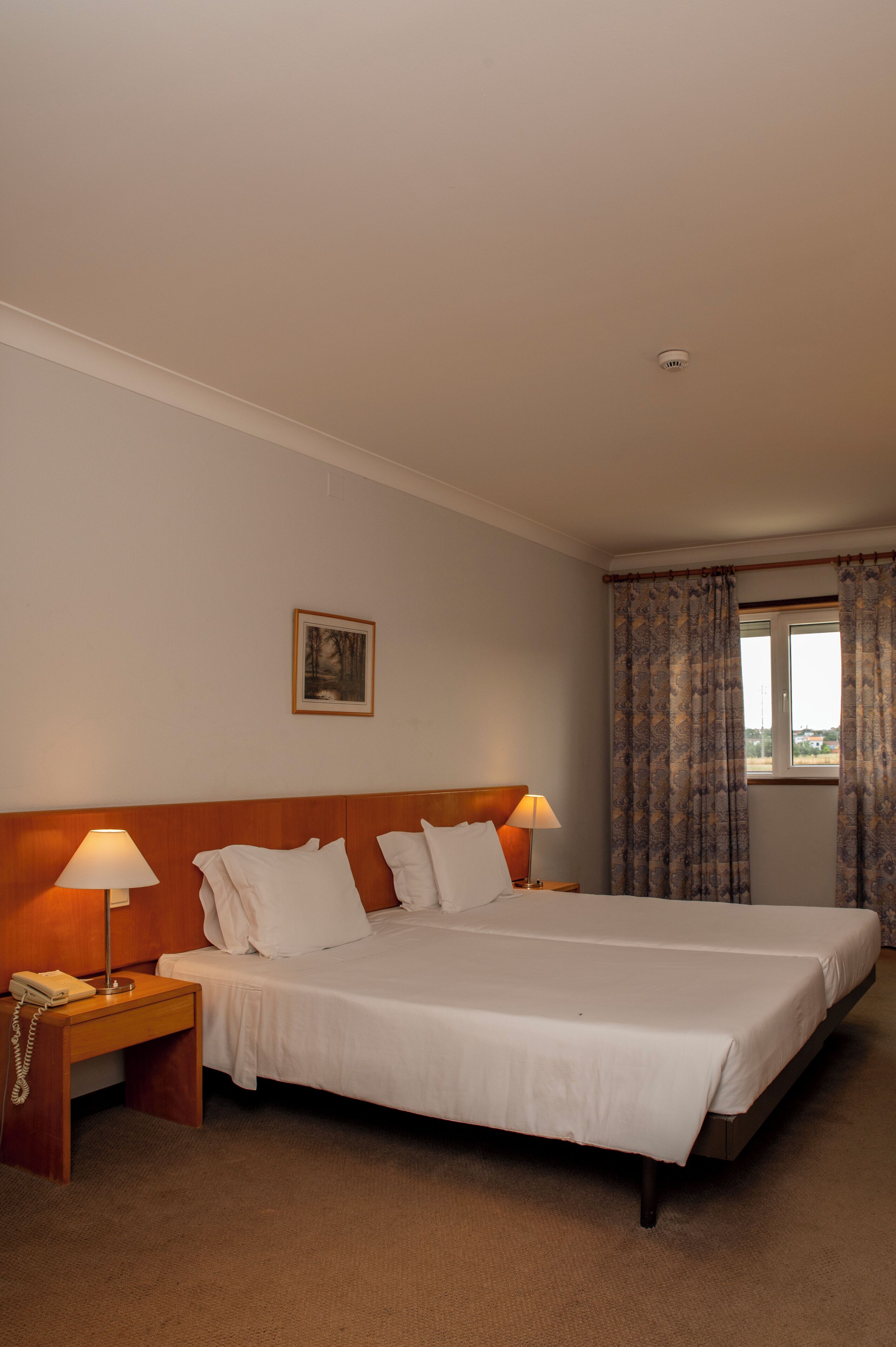 Habitación de hotel con cama doble, dos lámparas de noche, mesita de noche con teléfono, un cuadro enmarcado en la pared y una ventana con cortinas.