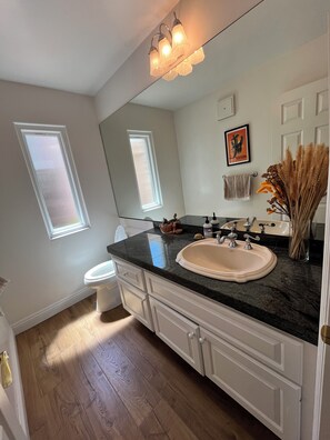 Hair dryer, towels, toilet paper