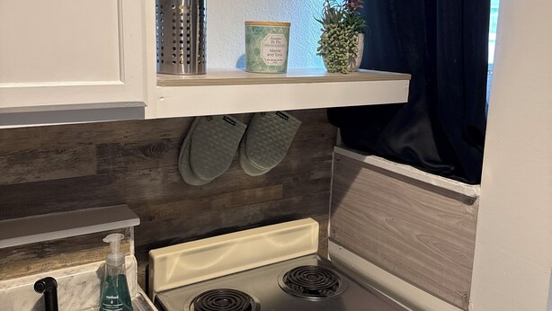 A kitchen with a stove, sink, and a shelf with kitchen utensils and a plant.